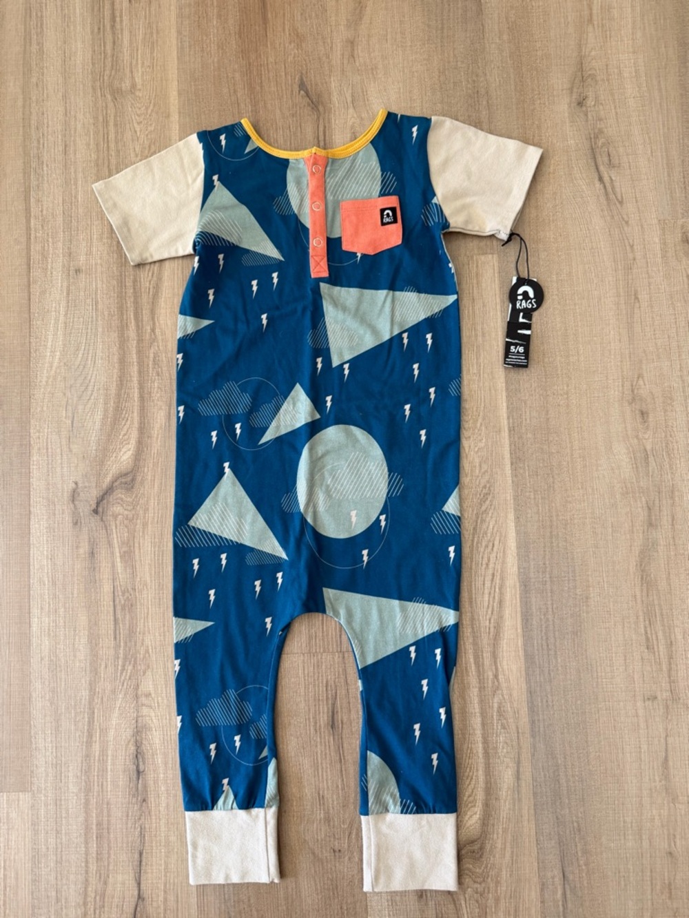 Rags Navy Geometric One-Piece Romper with Coral Pocket